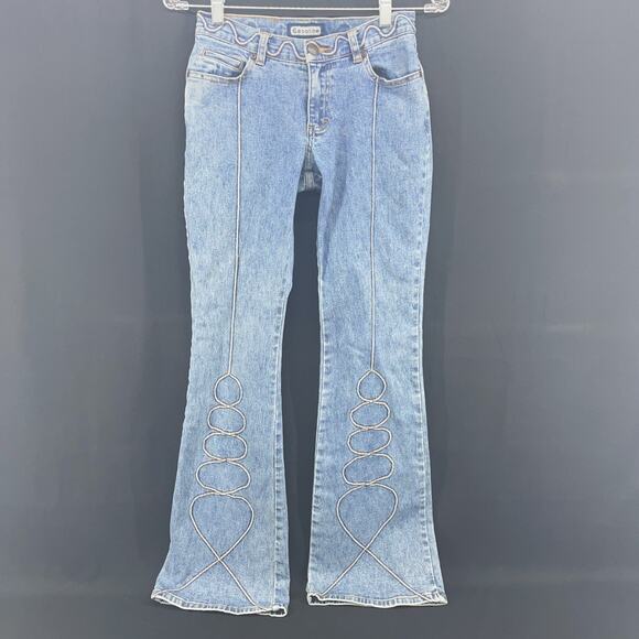 Gasoline Denim - Y2K Vtg Gasoline Brand Womens 3 Flare Boot Leg Denim Jeans Swirl Stitch Festival